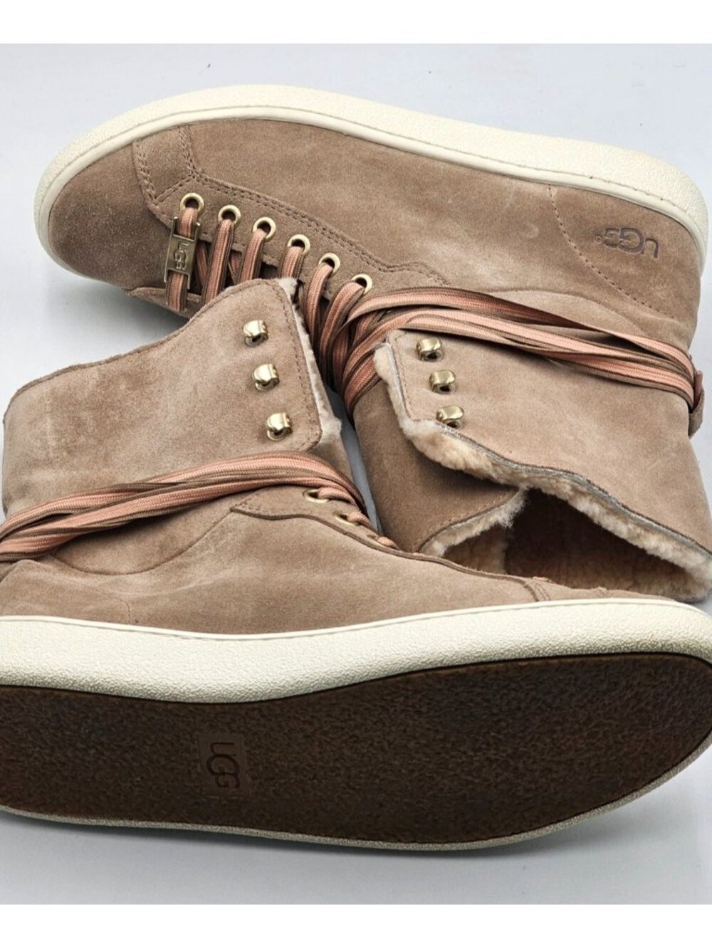 UGG Women's Beige Suede Starlyn Lace-Up Shearling High-Top Trainers Size7.5 3243 - Picture 7 of 16